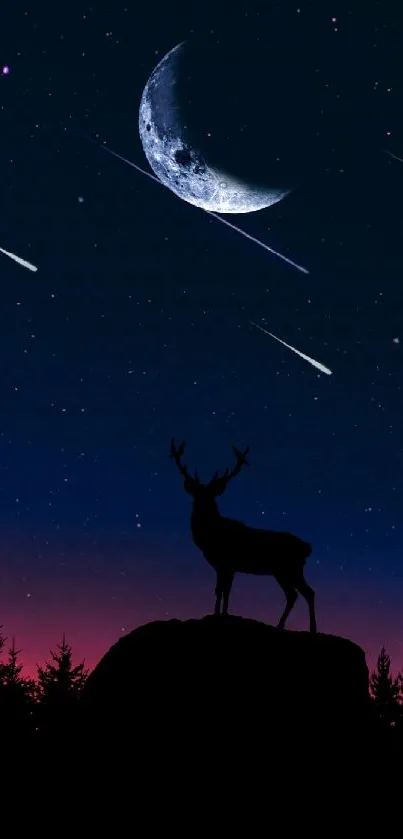 Silhouette of a deer under the moon with shooting stars in a dark night sky.