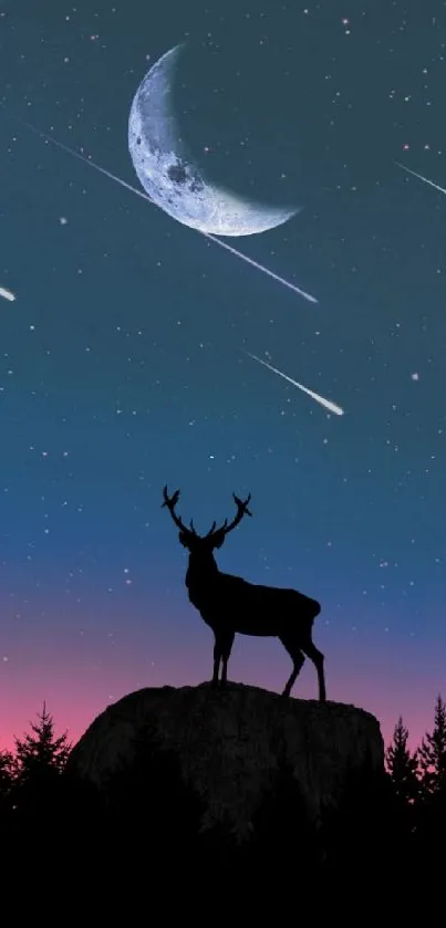 Deer silhouetted against a starry night sky with crescent moon and shooting stars.