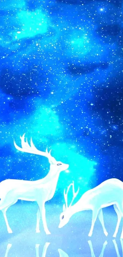 Ethereal white deer beneath a starry deep blue night sky.