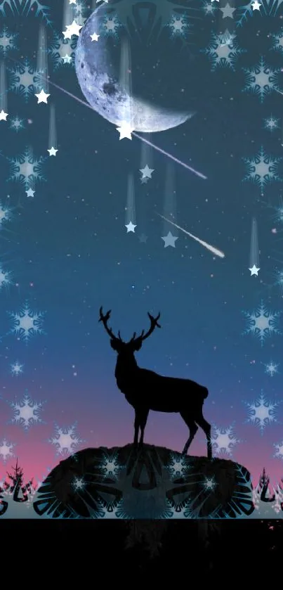 Silhouette of a deer under a starry night sky with a crescent moon.