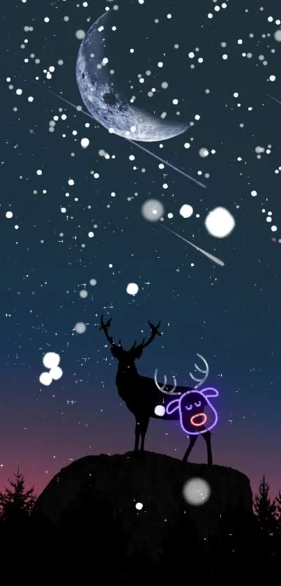 Silhouette of deer under a moonlit starry sky with snowflakes.