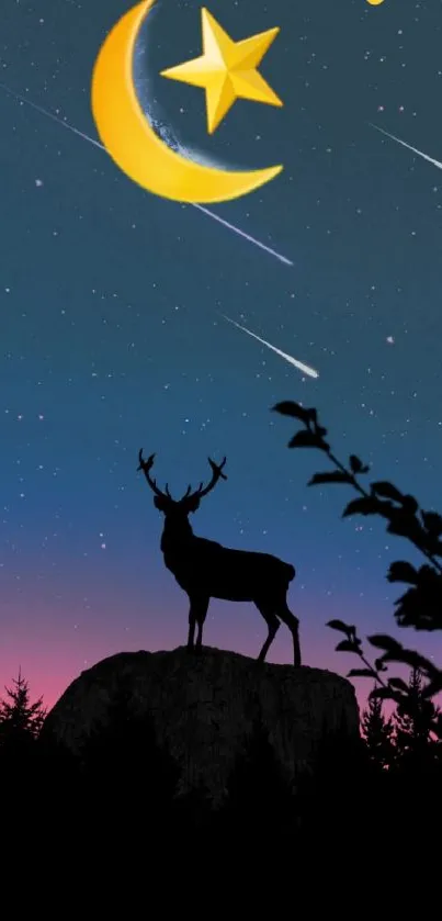 Deer silhouette against starry night sky with crescent moon and shooting stars.