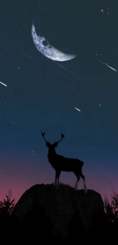 Starry night sky with deer silhouette and moon.