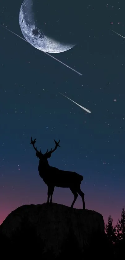 Majestic deer under crescent moon in starry night sky.