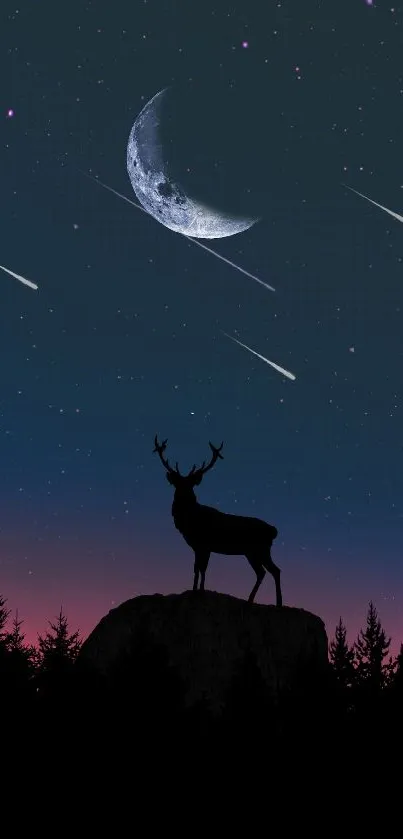 Silhouette of deer under a starry sky with moon and shooting stars.