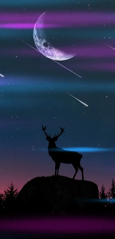 Silhouette of a deer under a starry night sky with a crescent moon.