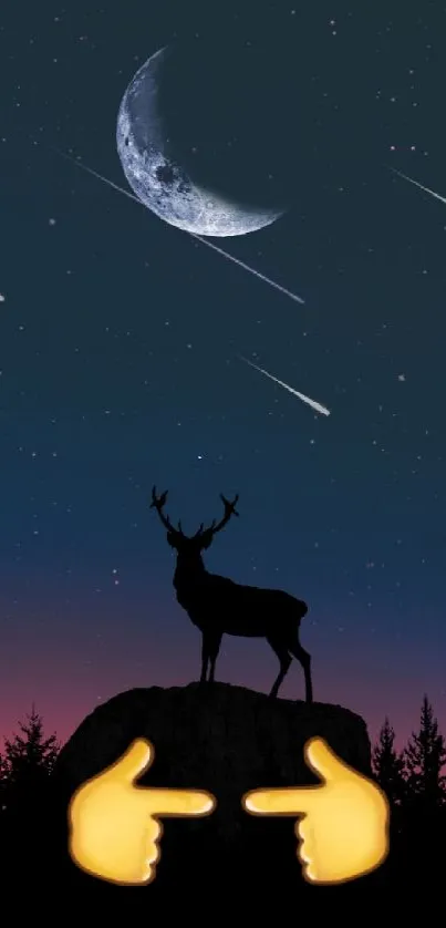 Majestic deer silhouette under moonlit night sky with shooting stars.