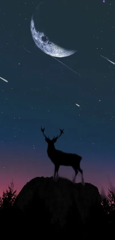 Silhouette of a deer under a starry night sky with a crescent moon.