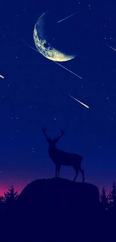 Starry night wallpaper with deer silhouette and crescent moon.