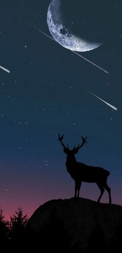 Silhouetted deer under crescent moon and stars in night sky.