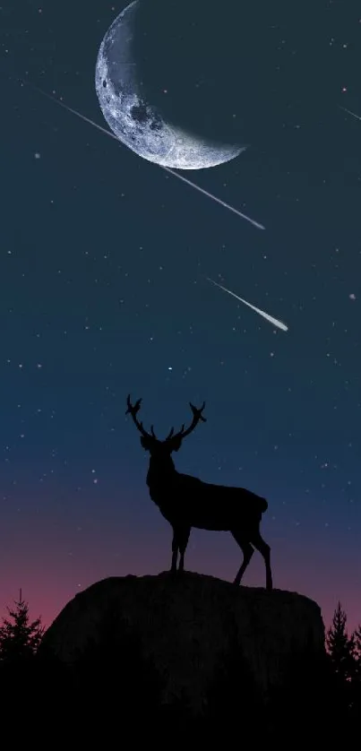 Silhouette of a deer under a moonlit, starry night sky with shooting stars.