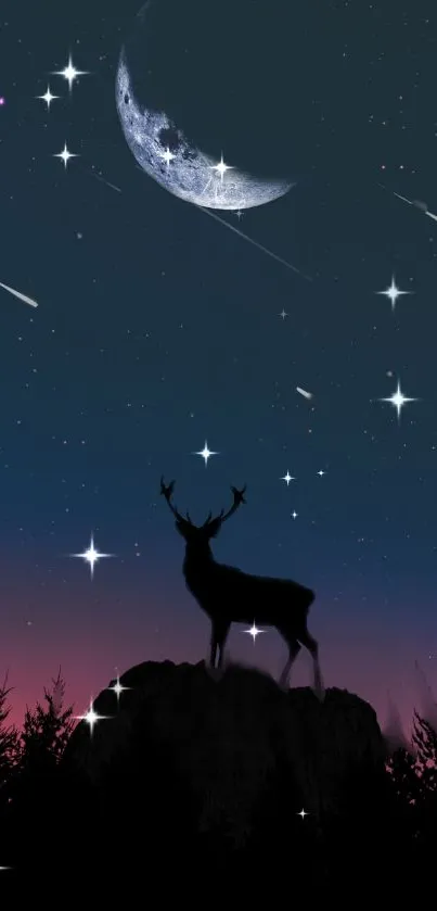 Silhouette of a deer under a starry sky with a crescent moon.