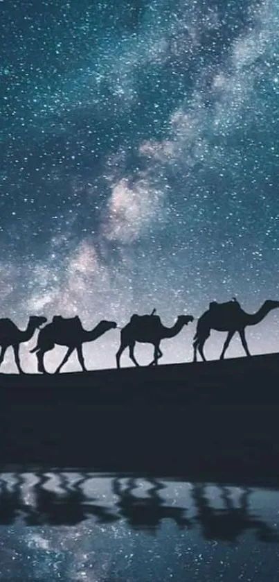 Silhouette of camels under a starry night sky in the desert landscape.