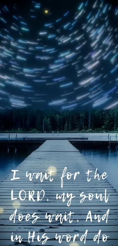 Serene starry night with a dock and inspirational quote wallpaper.