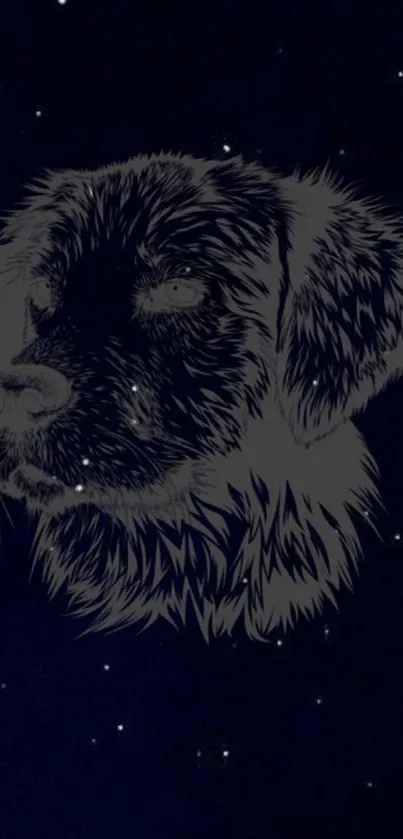 Dog silhouette under a starry sky in dark blue.