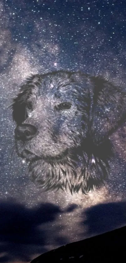 Dog portrait blended with starry night sky on a mobile wallpaper.