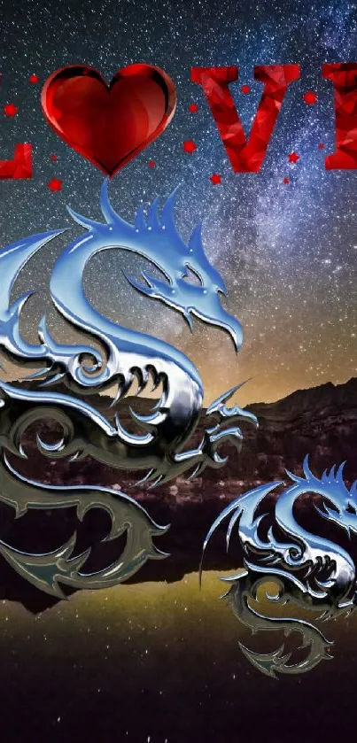 Fantasy dragon and love art under a starry night sky.