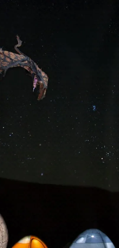 Dragon flies over night sky with stars and glowing eggs below.