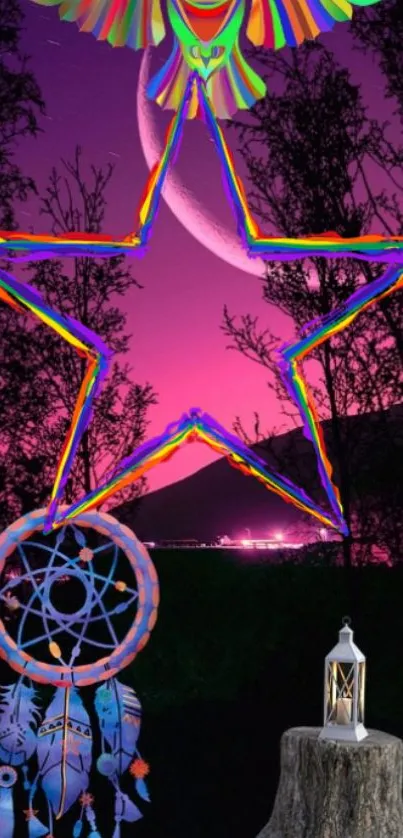 Star-shaped dreamcatcher with purple night sky background and trees.