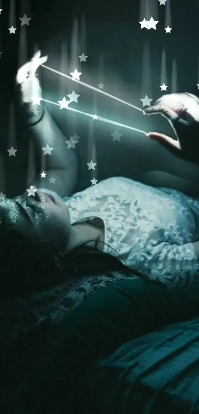 Woman lying under stars tracing light in serene night sky.