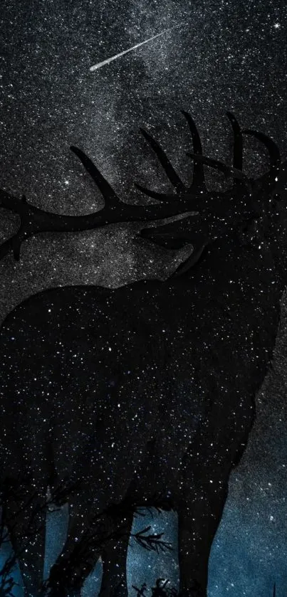 Starry night wallpaper with elk silhouette.