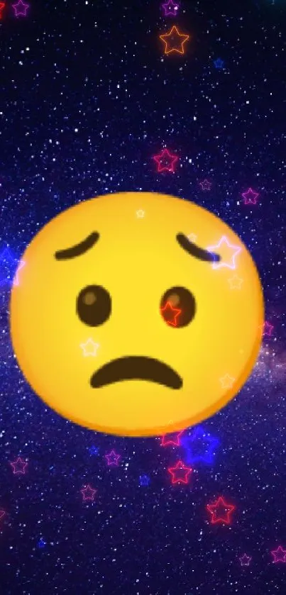 Worried emoji on dark, starry night sky wallpaper.