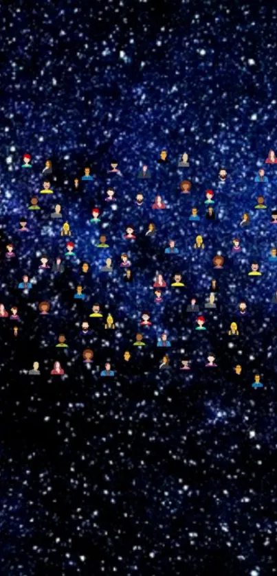 Starry night mobile wallpaper with scattered diverse emojis.