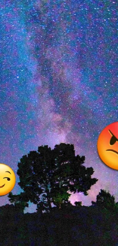 Starry night sky with tree silhouette and emojis.