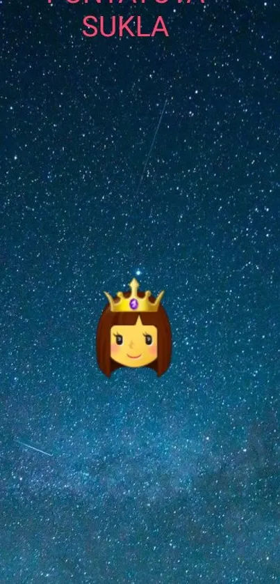 Starry night sky with crowned emoji on phone wallpaper.