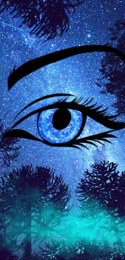 Surreal eye against a starry night sky with blue cosmic elements.