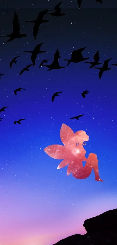 Fairy silhouette with birds in a starry night sky.