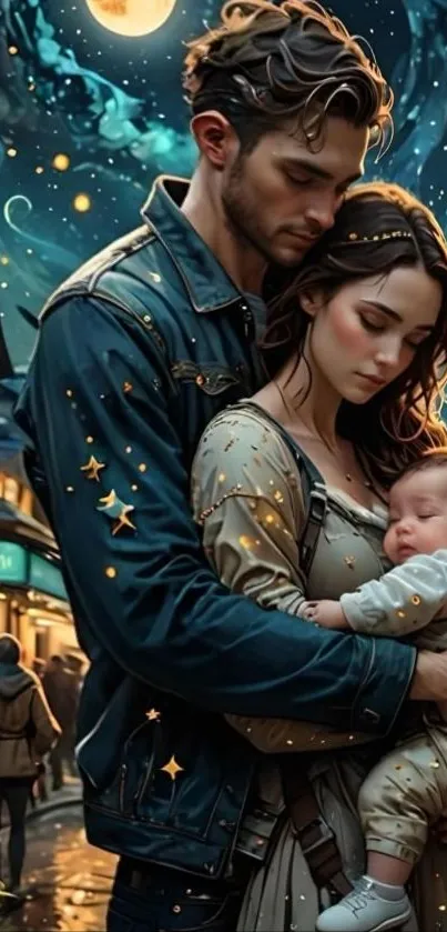 Family embraces under a starry night sky.
