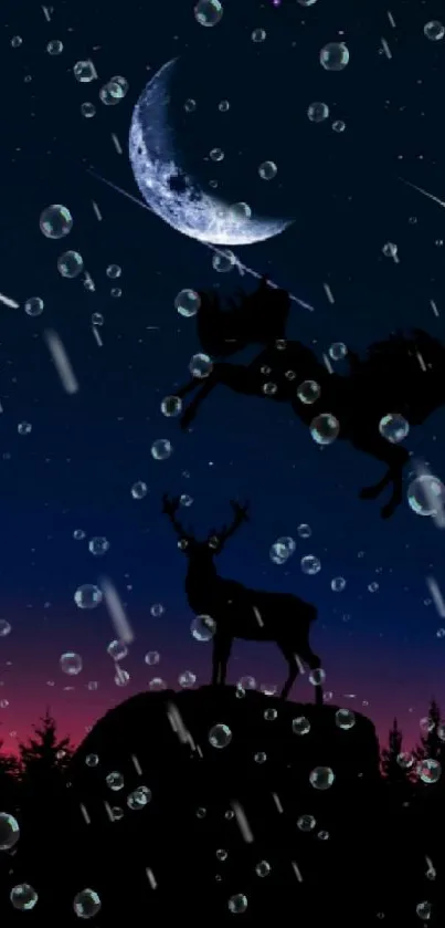 Silhouetted unicorn and deer under moonlit sky with stars and bubbles.