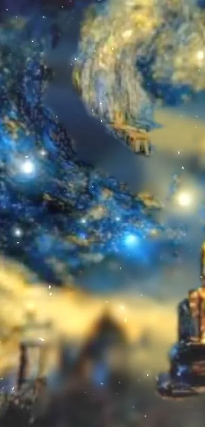 Fantasy wallpaper inspired by Starry Night, featuring a mystical blue sky.