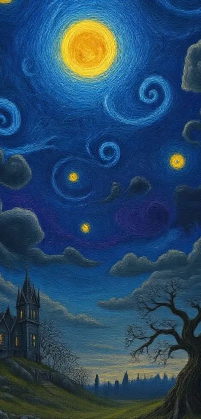 A fantasy starry night with glowing moon and mystical landscape art.