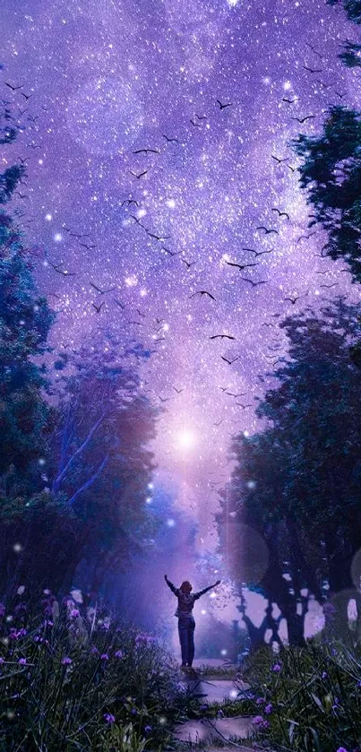 Fantasy wallpaper showing a starry night over a forest path.