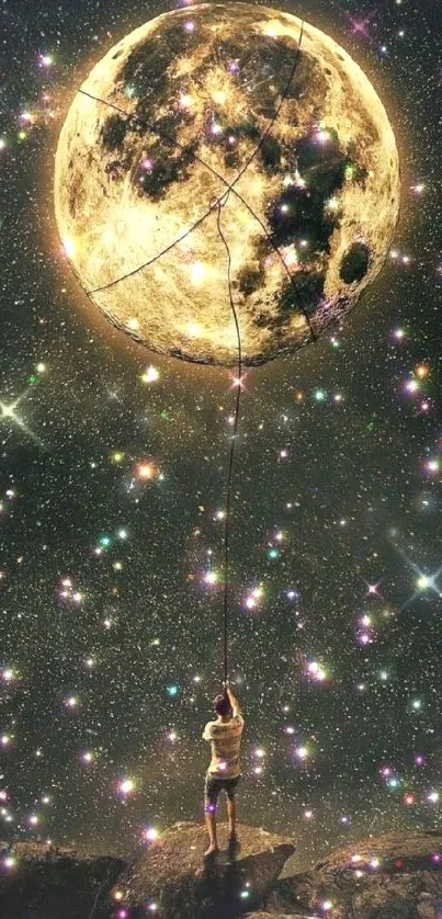 Child reaching moon in starry sky fantasy wallpaper.