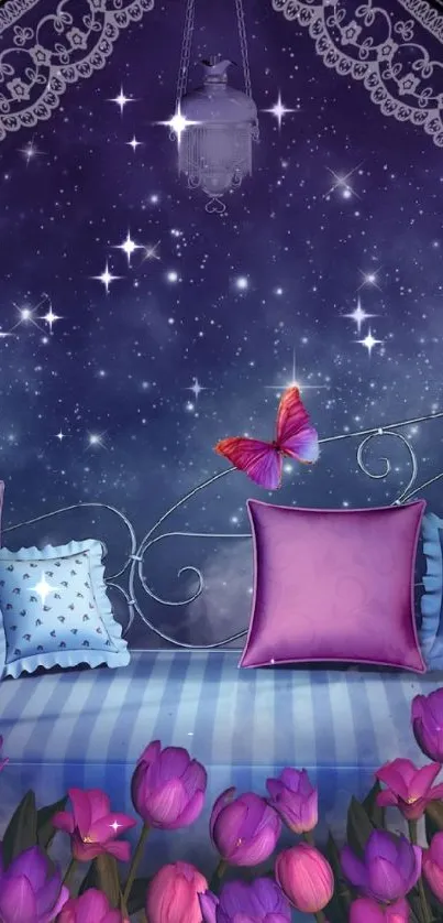 Fantasy night wallpaper with purple pillows and flowers.