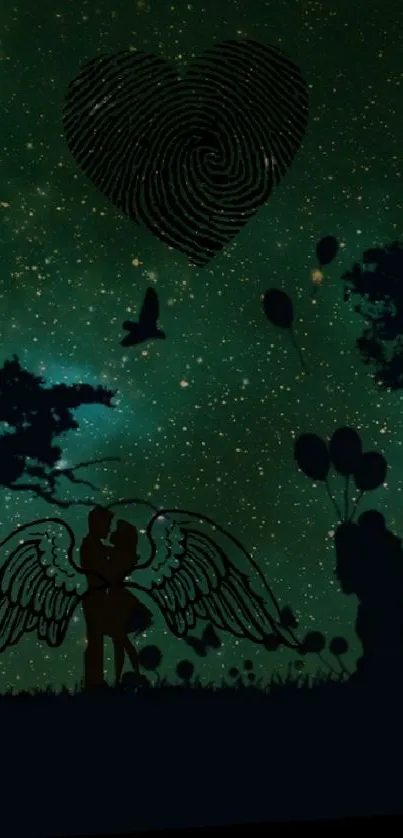 Angelic silhouettes under a starry night sky in a fantasy-themed wallpaper.