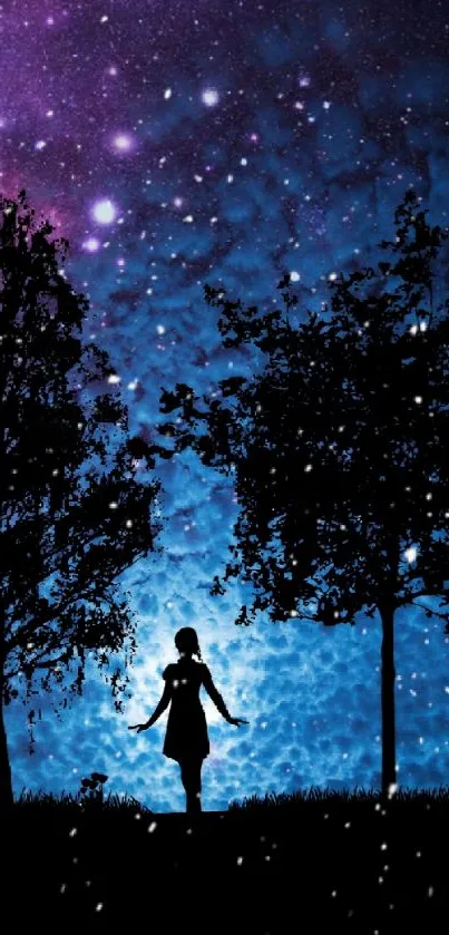 Silhouette under a cosmic starry night sky with blues and purples.