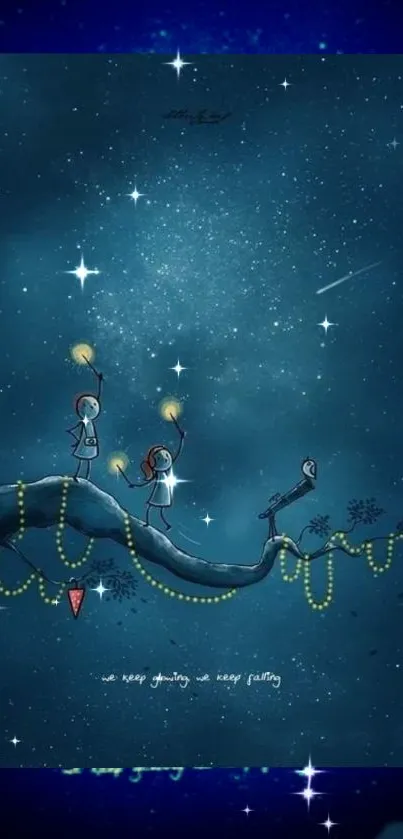 Starry night illustration with whimsical figures on a branch under a glowing sky.