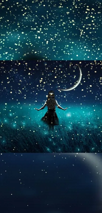 Fantasy wallpaper with stars and crescent moon.