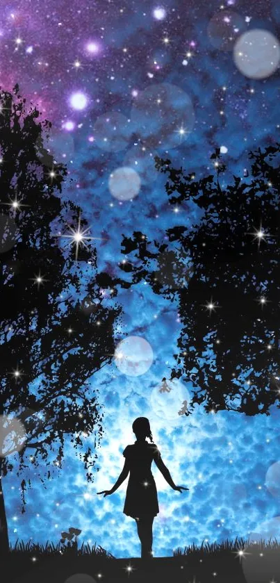 Silhouette under starry blue night sky with cosmic elements.