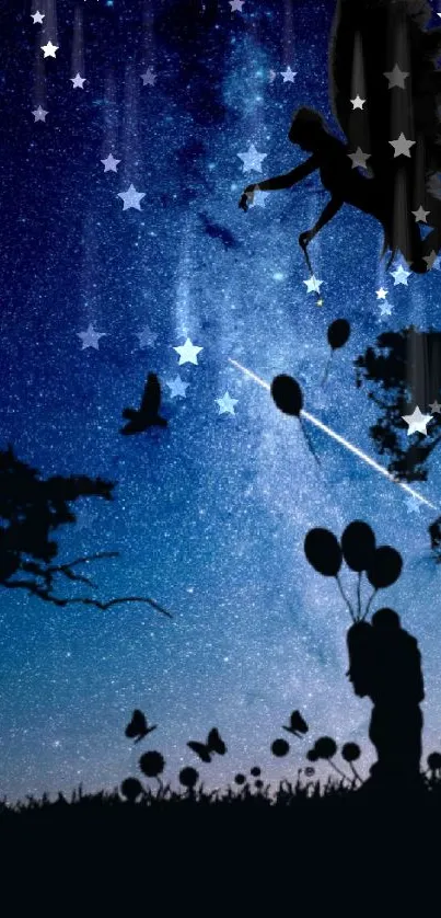 Starry night fantasy wallpaper with silhouettes.