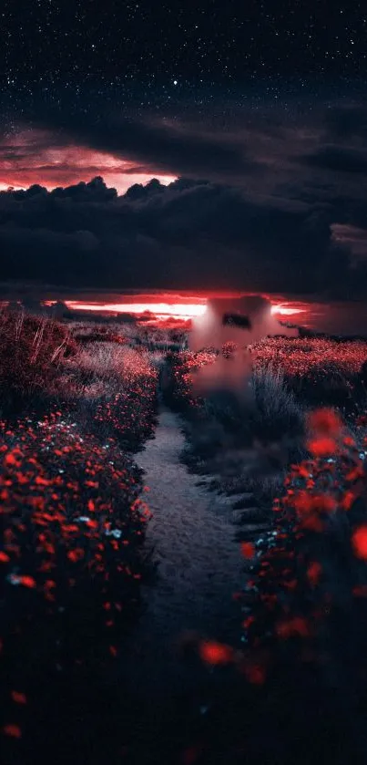 A starry night with red flowers lining a dark, mystical field path.