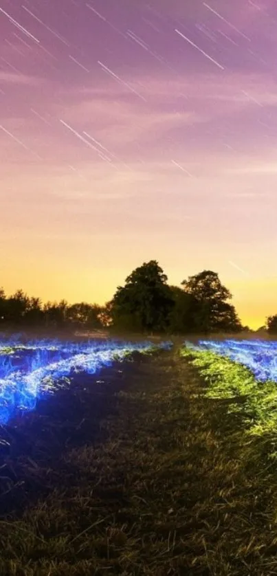 A starry night sky over a glowing field with vibrant colors and star trails.