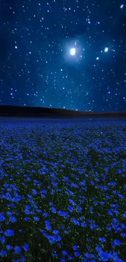 Starry night sky over a blue flower field in this calming mobile wallpaper.