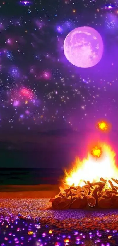 Starry night sky with purple moon and campfire on a tranquil beach.