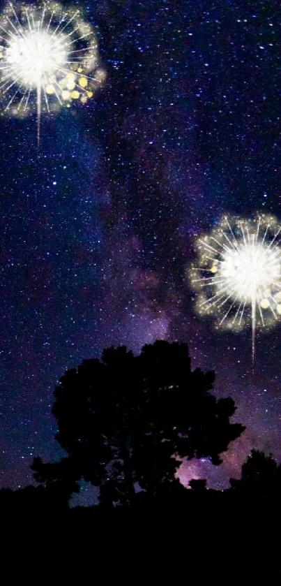 Starry night with fireworks and silhouettes in dark blue sky.