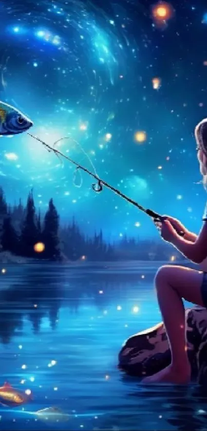 Fantasy fishing scene under a starry night sky with glowing fish.